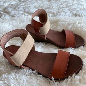 MIA Brown Leather Sandals with Beige Elastic Ankle Strap